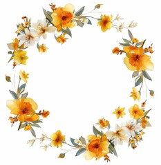 Obraz premium Floral Wreath of Yellow and White Daffodils, Elegant wreath made of yellow and white daffodils with green leaves, perfect for spring decor, on a white background. 