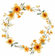 Floral Wreath of Yellow and White Daffodils, Elegant wreath made of yellow and white daffodils with green leaves, perfect for spring decor, on a white background.
