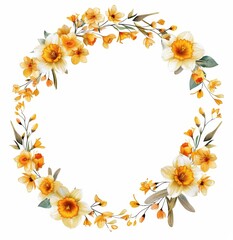 Floral Wreath of Yellow and White Daffodils, Elegant wreath made of yellow and white daffodils with green leaves, perfect for spring decor, on a white background.
