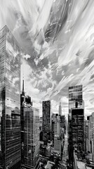 Dramatic Monochrome Cityscape with Towering Skyscrapers and Geometric Patterns