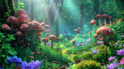 Naklejka premium Fantasy green forest with mushroom and sunbeam 