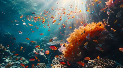 Vibrant Underwater Coral Reef Ecosystem Teeming with Diverse Marine Life and Sunlight Streaming Through the Waters