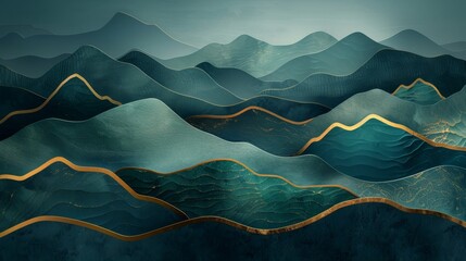 Modern 3D art wallpaper, dark green, gold wave elements, deep blue mountain backdrop, visually stunning