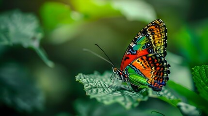Vibrant Butterfly Perched on Lush Green Foliage in Sunlit Garden