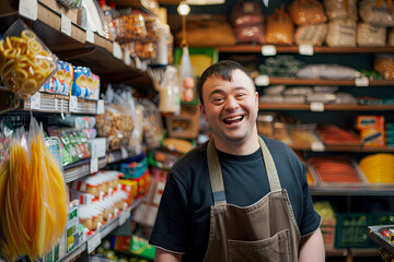 Obraz premium Portrait of a smiling young man with Down syndrome, a local grocery store owner, standing in his small supermarket