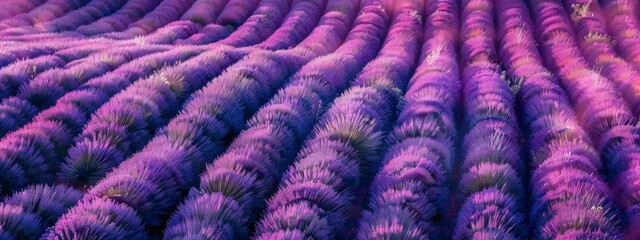 Aerial view of a lavender field with rows of purple blooms.