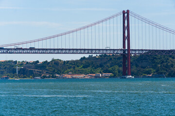 The 25th April Bridge, Ponte 25 de Abril in Portuguese, the longest suspension bridge in Europe. Connecting the city of Lisbon, capital of Portugal, to the municipality of Almada over the Tagus River.