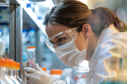 Researcher wearing a face mask examining a sample, with a blurred laboratory background