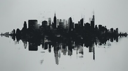 Obraz premium Pitch-black background with a subtle shadow, double exposure revealing the silhouette of cityscapes