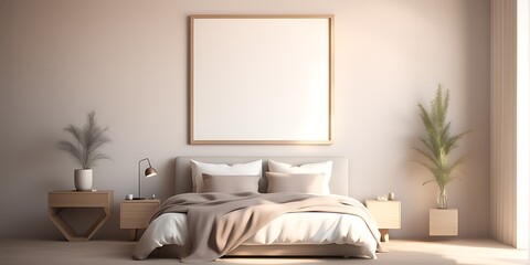Mockup white empty frame in light cozy and simple bedroom interior background, 3d render