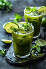 Refreshing matcha iced green tea with lime and fresh mint leaves on a black stone slate