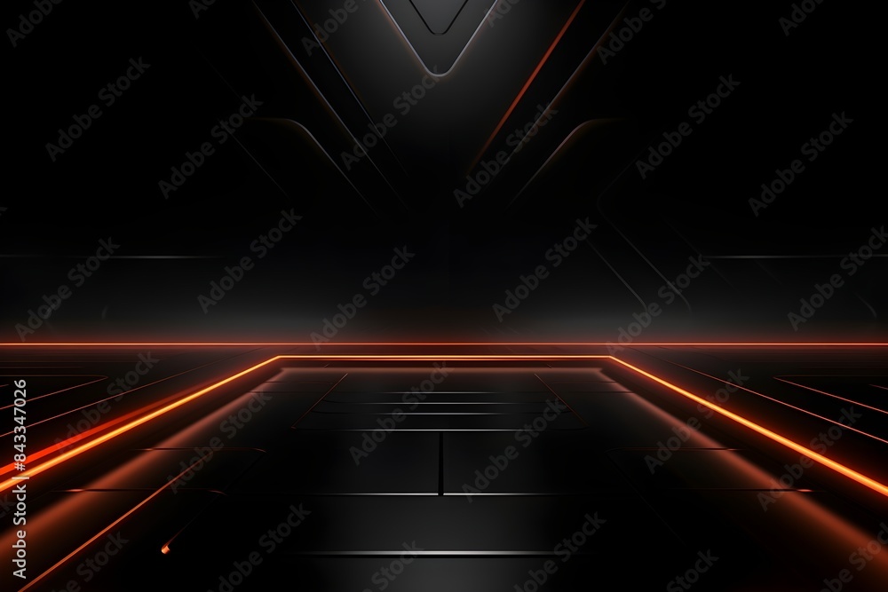 Wall mural futuristic orange illuminated empty stage on black background for product showcase display