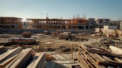 Fototapeta premium A rotating shot of the building site featuring the temporary safety railings prominently in the foreground and emphasizing their importance in the construction process.
