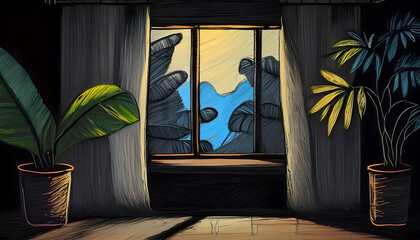 Minimalist sketch perspective Shadow of tropical leaves and curtains window.