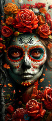 A woman's face is painted with a skeleton and roses
