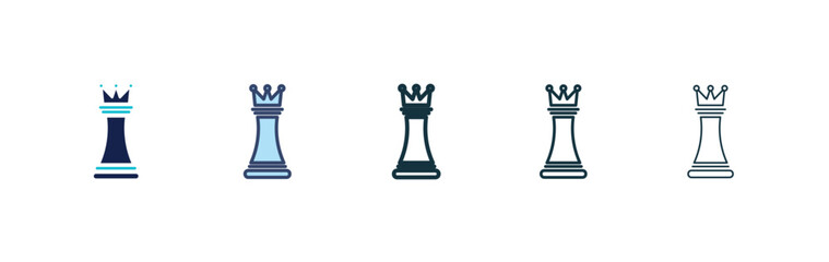 Chess queen icon set. chess game crown piece vector symbol in black filled and outlined style.