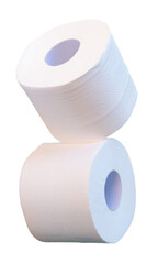 Front view of two rolls of tissue paper or toilet paper in stack isolated with clipping path in png file format