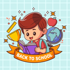 Naklejka premium Vector hand drawn illustration of cute boy reading a book for back to school event