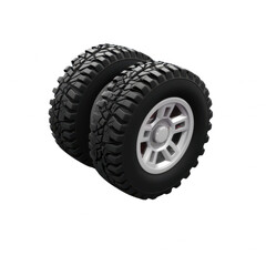 Two rugged off-road vehicle tires with deep tread patterns isolated on a white background, showcasing durability and strength for harsh terrains.