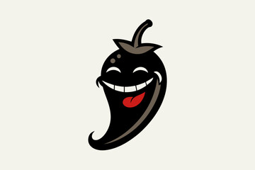  Hand-drawn vector logo, featuring laughing chili pepper. drawn in the style of retro japanese label designs silhouette black color