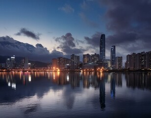Naklejka premium night, city, skyline, cityscape, water, lights, river, downtown, reflection, urban, buildings, architecture, building, dusk, panorama, evening, landscape, sea, sky, skyscraper, travel, london, vancouv