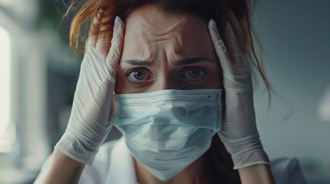 Worried, scare, panicked american woman in medical mask, concerned about viral pandemic illness, paranoid of pandemic