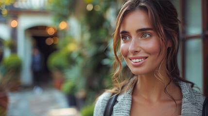 Obraz premium Real estate agent inviting couple to enter house for visit.generative ai