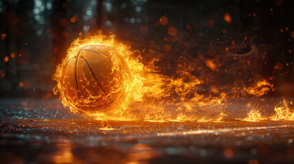 A blazing basketball zooms across the court, leaving a trail of flames in its wake. A powerful representation of speed and energy in the game.