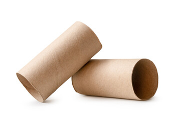 Side view of brown tissue paper cores in stack isolated on white background with clipping path