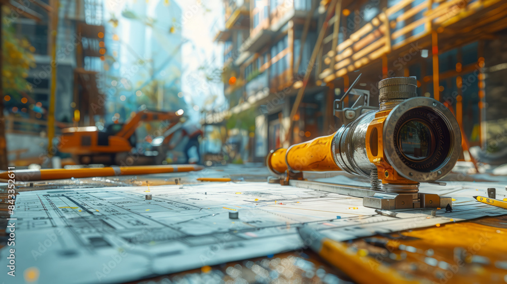 Poster drawings and tools on a panoramic construction site, highlighting intricate details with realistic l