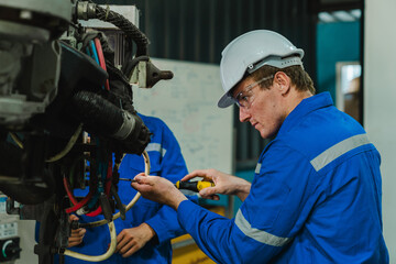 Teamwork of male engineers checking and maintaining the quality of the robot arm, robot arm factory Technology and engineering concepts.