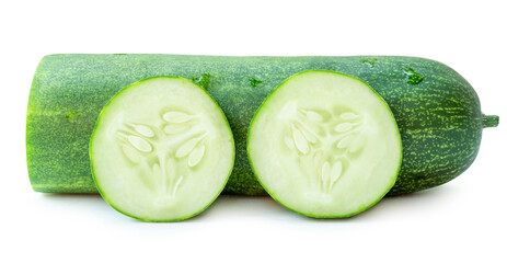Front view of fresh green cucumber with slices or pieces in stack isolated on white background with...