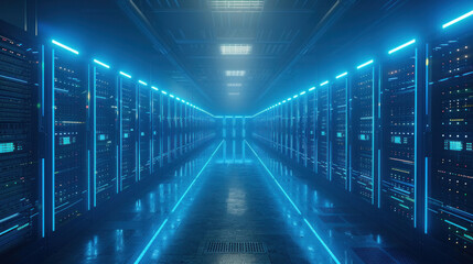 Futuristic data center with high-speed racks, glowing with blue LED lights, in an advanced server room, showcasing cutting-edge technology.