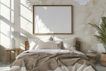 mockup picture frame in a light cozy and simple bedroom interior
