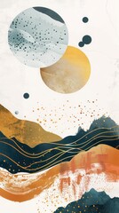 Modern Submarine Landscape: Abstract Geometric Art in Watercolor Style, Earth Tone Colors with Gold Foil Accents