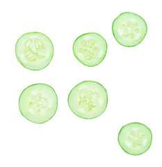 Top view set of green cucumber slices or pieces in circle shape scattering isolated with clipping path in png file format