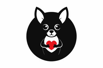 A compact yet determined chihuahua is depicted in a vector round logo, earnestly cradling a heart in its paws. Rendered in striking black silhouette, this illustration exudes charm and sincerity.