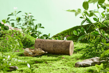 In the middle of frame is a brown log with blank space above for product displaying, surrounded by many types of green tree and leaf, over blurred green background
