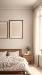 Mockup white empty frame in light cozy and simple bedroom interior background, 3d render