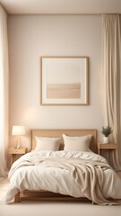 Mockup white empty frame in light cozy and simple bedroom interior background, 3d render