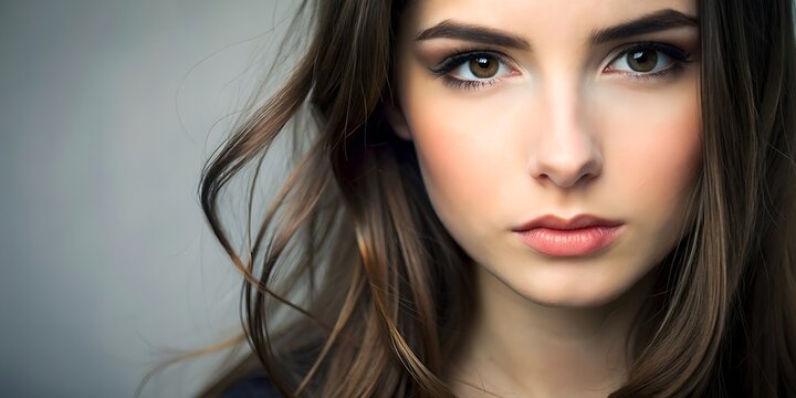 A Beautiful Young Woman With Long Brown Hair And Light Makeup Looks At The Camera With A Serious Expression.
