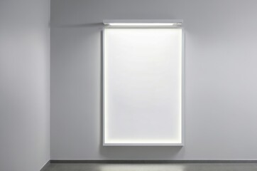 White illuminated wall display with blank canvas in minimalist room setting for showcasing art or information