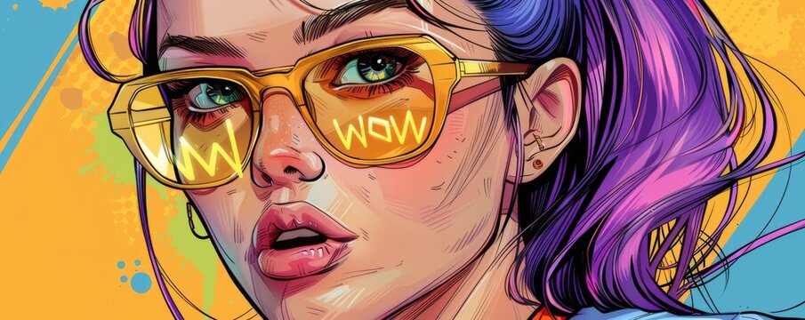 Pop art comic book style drawing of a surprised woman in sunglasses - Powered by Adobe