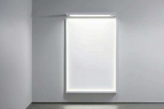 White illuminated wall display with blank canvas in minimalist room setting for showcasing art or information