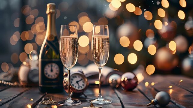 Abstract defocused background a new year celebration, champagne and clock for countdown - toast Cheering, Generative AI illustrations. 