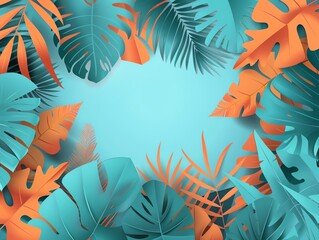summer foliage background with tropical plants in paper cut style, empty space background for text in blue color