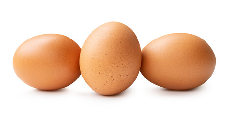 Front view of brown chicken eggs in stack isolated on white background with clipping path