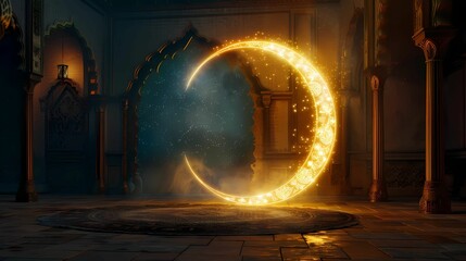 Obraz premium An image for massive crescent with light on floor with ramadan theme background, Generative AI illustratiosn. 