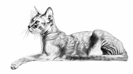 Obraz premium Beautiful lineart illustration of an abyssinian cat full body, monochrome, hyper realism photorealism, Generative AI illustrations. 