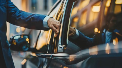 Businessman, hands and chauffeur by car door for travel accommodation, designated driver or commute, Generative AI illustrations. 